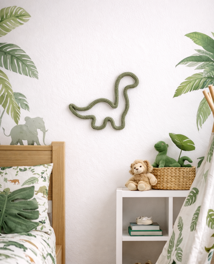 Dinosauruskyltti lastenhuoneen seinällä.